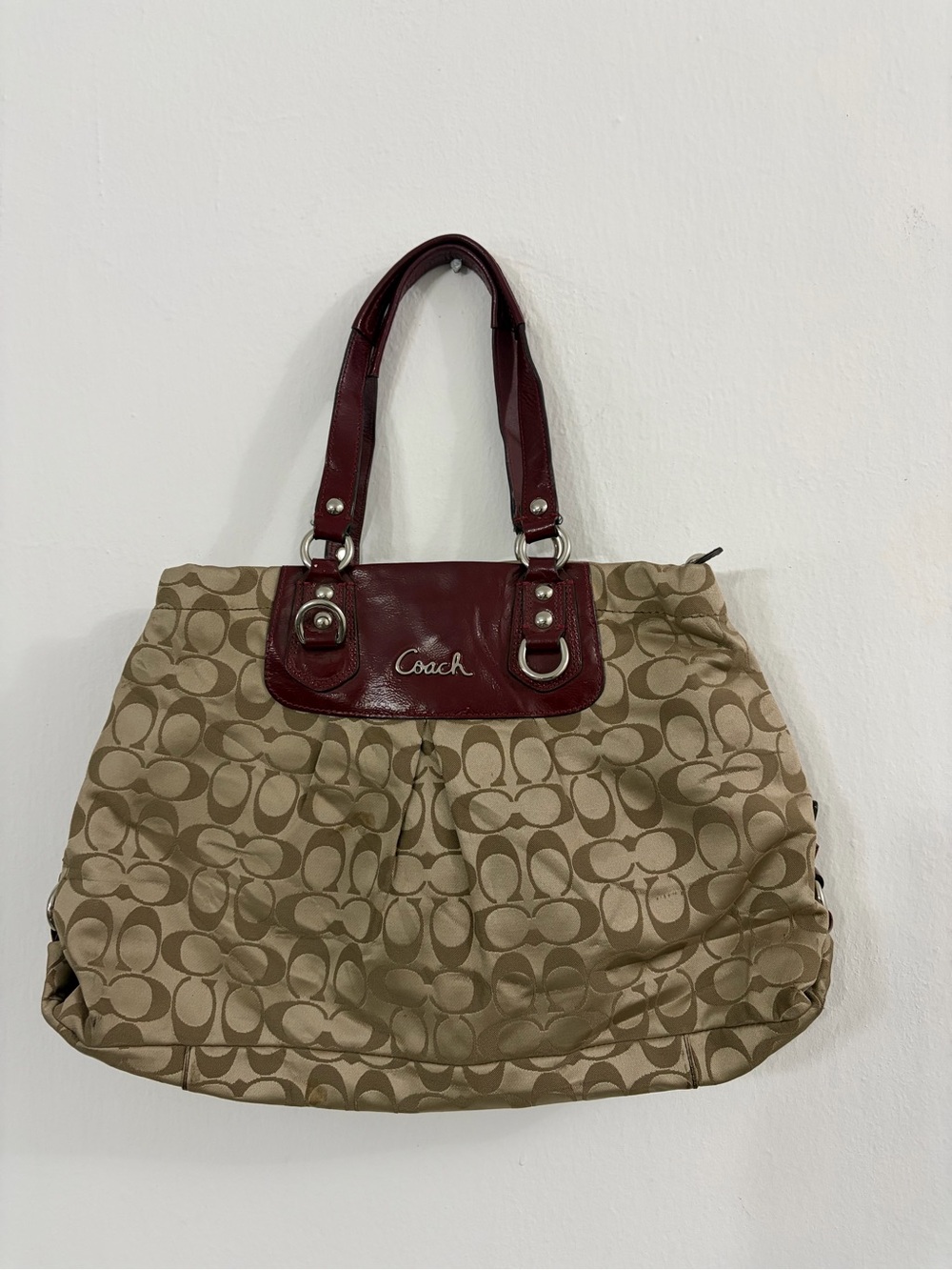 Coach Ashley Signature Tote Bag F15510 Beige Sateen Burgundy Leather Shoulder